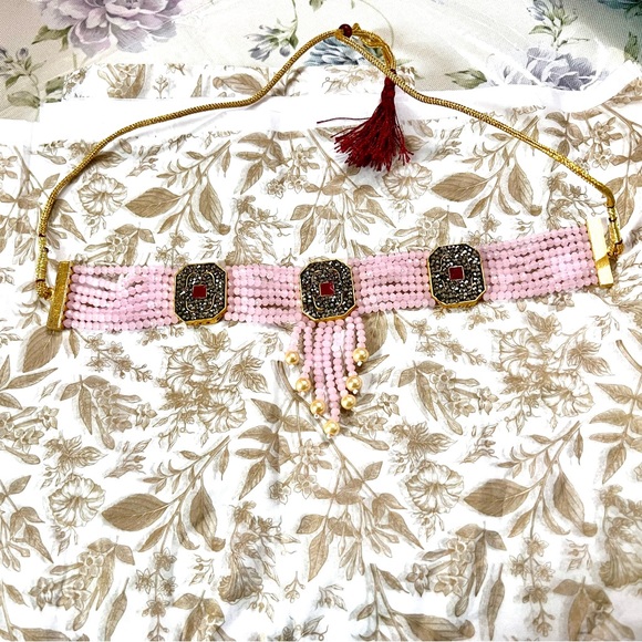 Brand New!Stunning Rose Quartz Necklace embedded w  Rubies &Dark grey stones - Picture 8 of 16